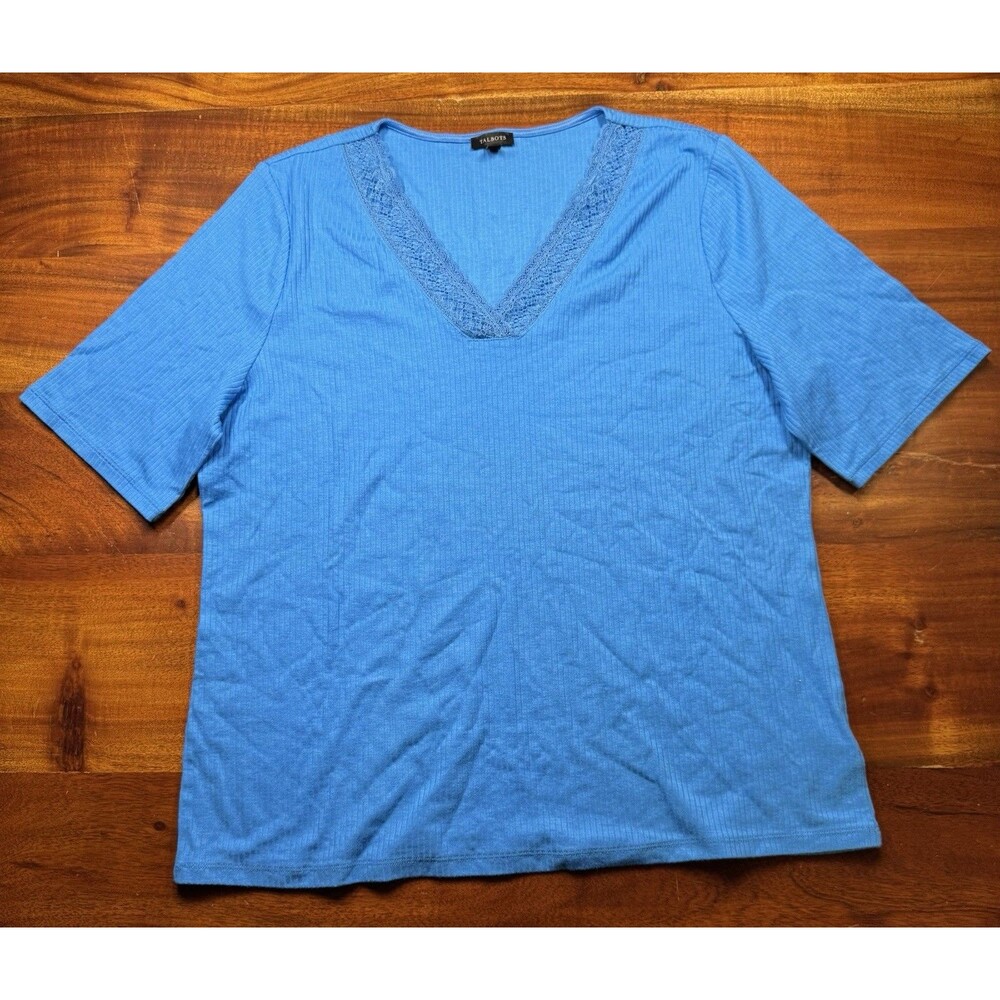 Talbots Women XL Blue Ribbed Cotton Modal V-Neck Lace Trim Short Sleeve Top Tee